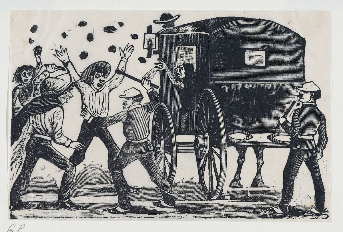 Men fighting near a horse and carriage, José Guadalupe Posada (Mexican, Aguascalientes 1852–1913 Mexico City), Type-metal engraving 