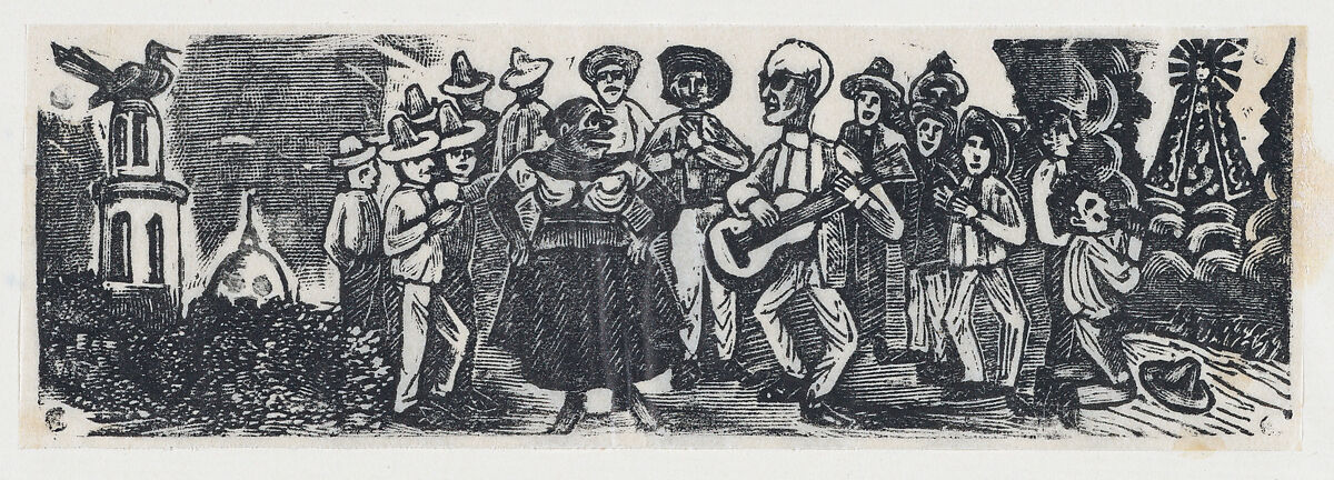 A man playing a guitar serenading a woman, figures surround, José Guadalupe Posada (Mexican, Aguascalientes 1852–1913 Mexico City), Type-metal engraving 