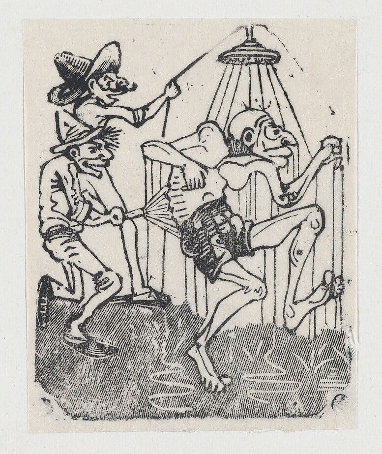 An old man having a shower accompanied by two other figures, José Guadalupe Posada (Mexican, Aguascalientes 1852–1913 Mexico City), Type-metal engraving 