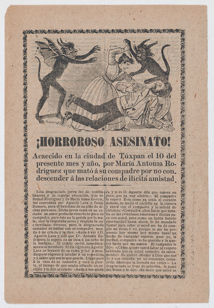 Broadsheet relating to the execution of Florencio Morales and Bernardo Mora who assassinated ex-President Barillas of Guatemala, a description in the bottom section, José Guadalupe Posada (Mexican, Aguascalientes 1852–1913 Mexico City), Photorelief and letterpress on tan paper 