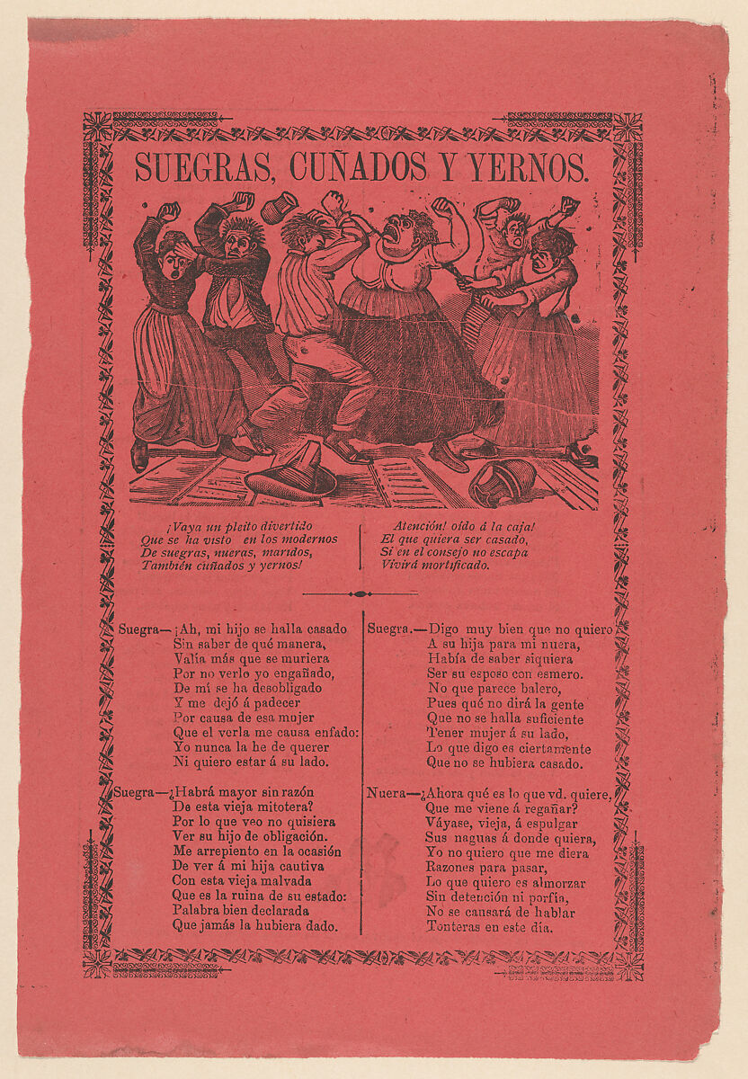 Broadsheet relating to mothers-in-law, brothers-in-law and sons fighting, José Guadalupe Posada (Mexican, Aguascalientes 1852–1913 Mexico City), Type-metal engraving and letterpress on pink paper 