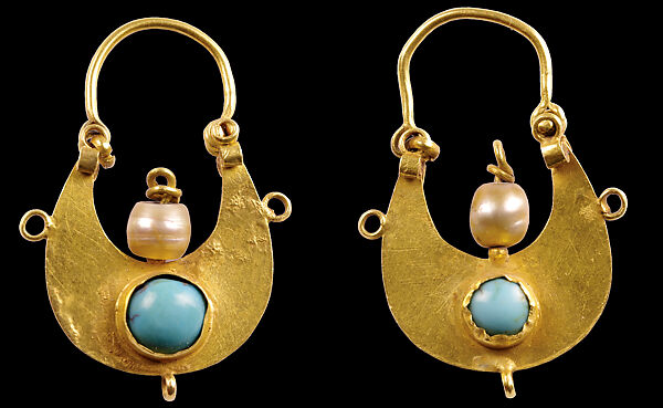 Crescent-Shaped Earrings, Gold sheet, turquoise, and pearls, Armenian 