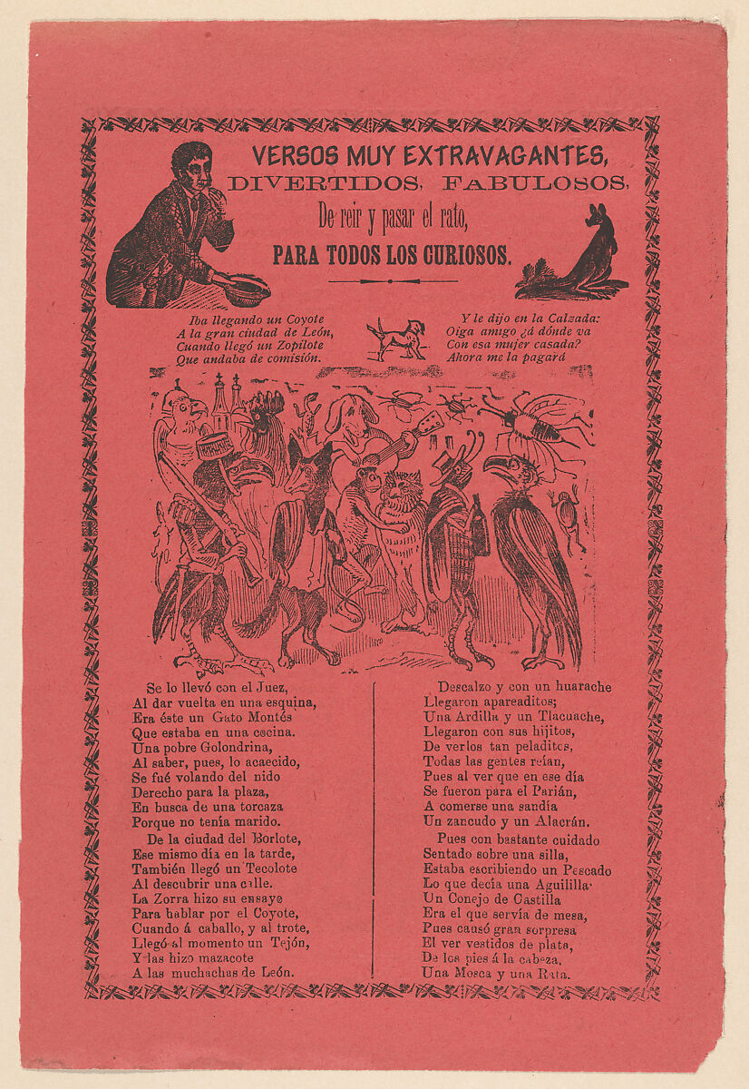 Broadsheet with extravagant verses relating to a parade of animals dressed in costume and a corrido about an encounter between various animals., José Guadalupe Posada (Mexican, Aguascalientes 1852–1913 Mexico City), Zincograph (and metal-type engraving?) and letterpress on pink paper 