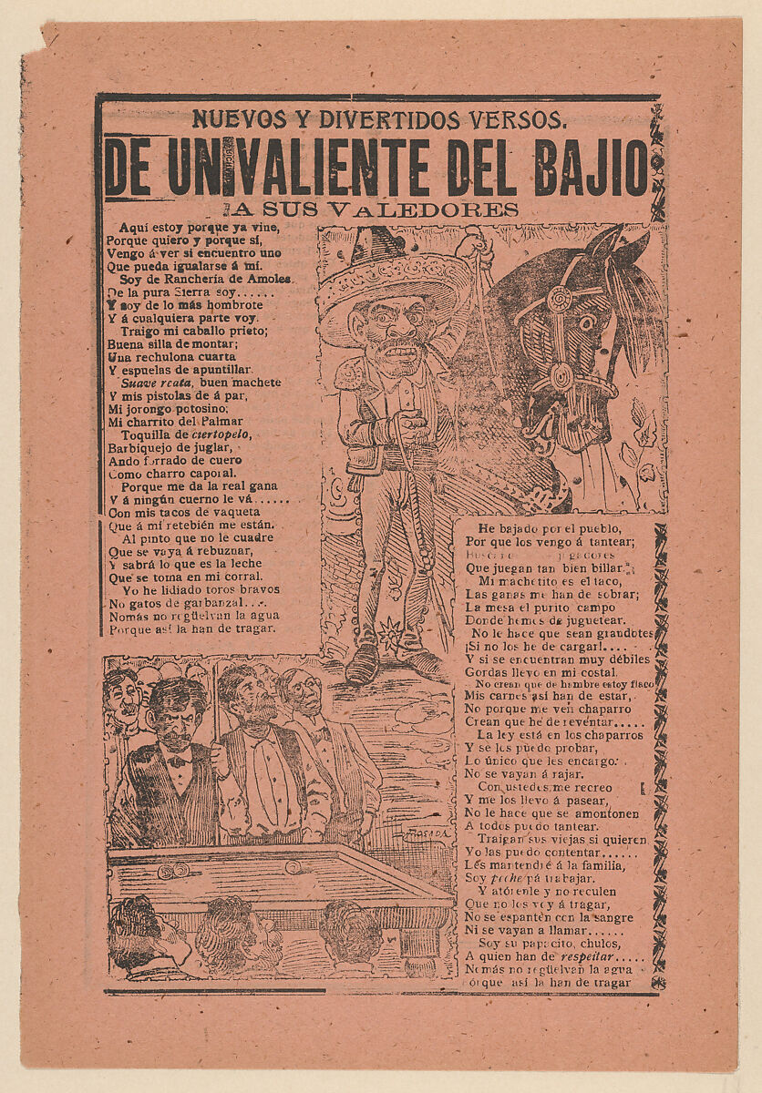 Broadsheet with new and entertaining verses about a 'Brave Man from the Heartland to His Friends' a caricature of a horseman and his horse and a group of men playing billiards, José Guadalupe Posada (Mexican, Aguascalientes 1852–1913 Mexico City), Zincograph and letterpress on pink paper 