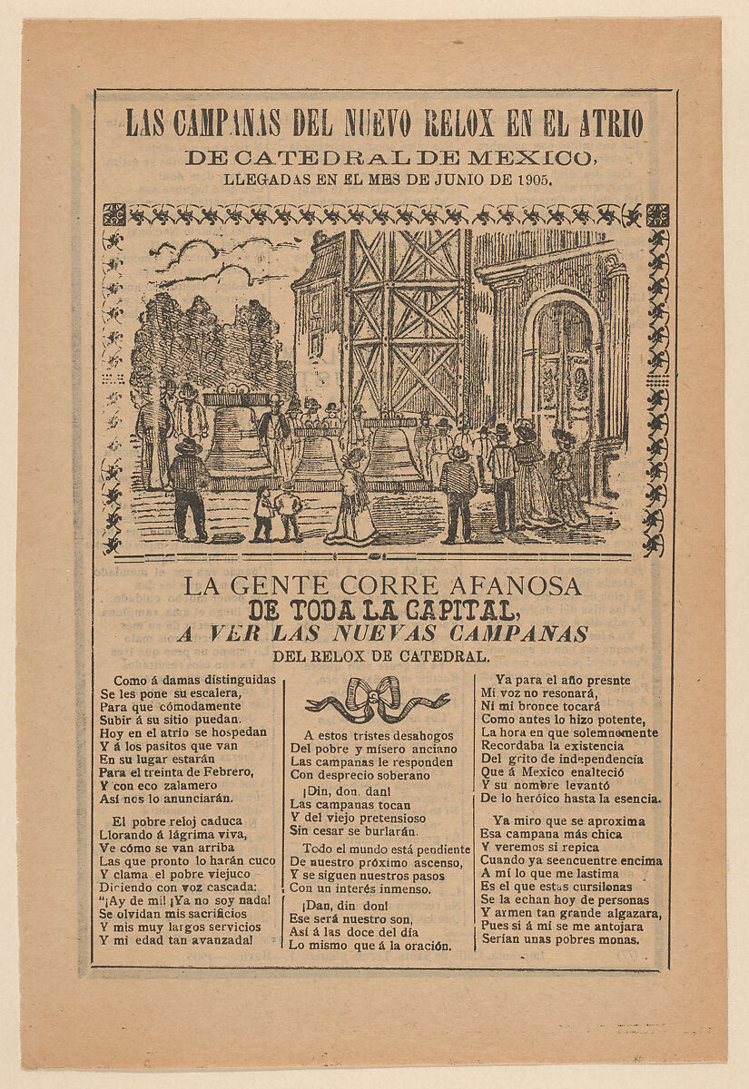 Broadsheet relating to the new clock installed in the cathedral in Mexico City in June 1905, José Guadalupe Posada (Mexican, Aguascalientes 1852–1913 Mexico City), Zincograph and letterpress on tan paper 