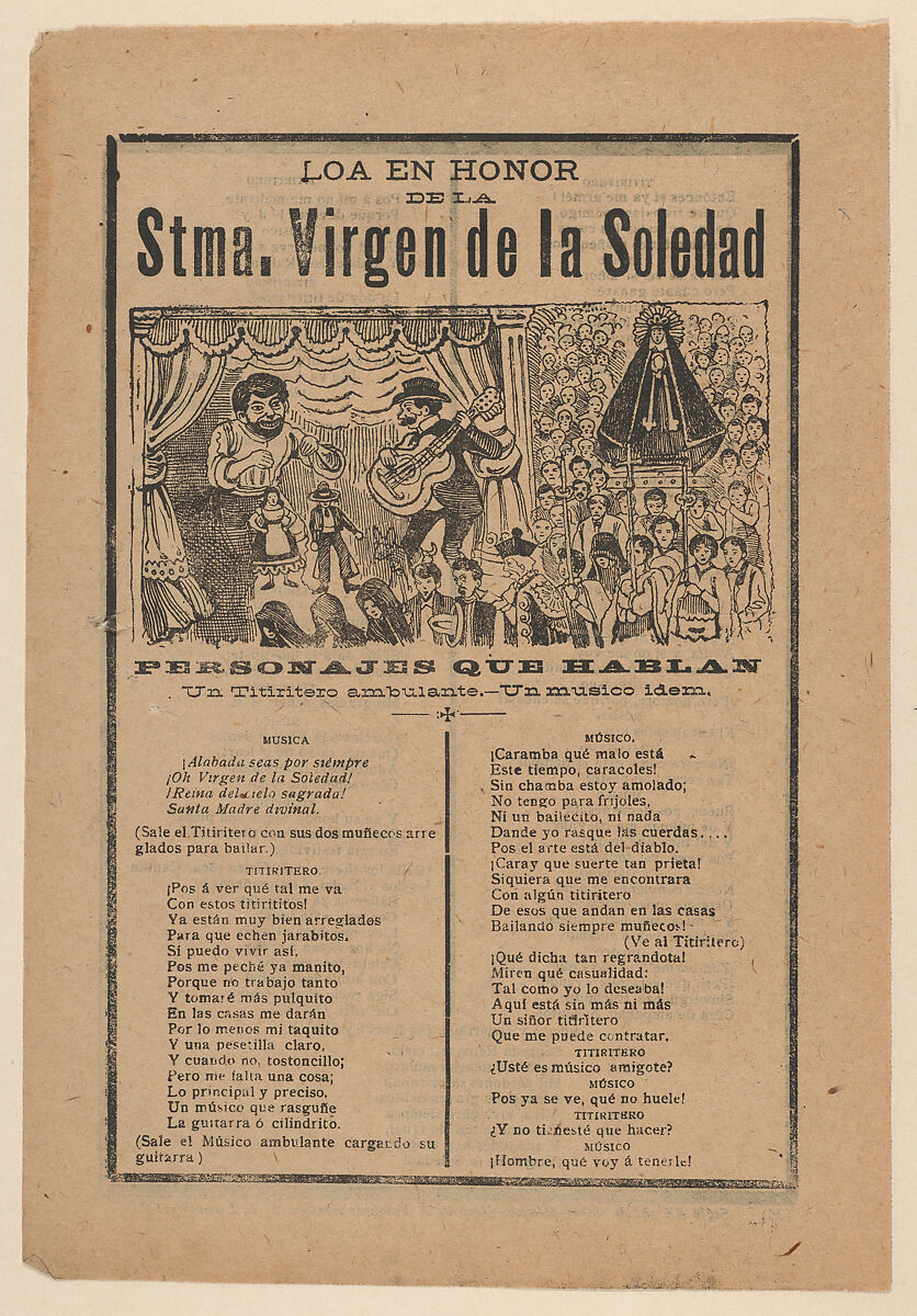Broadsheet with a song in honour of the Holy Virgin of Solitude (Stma. Virgen de la Soledad), José Guadalupe Posada (Mexican, Aguascalientes 1852–1913 Mexico City), Photorelief and letterpress on tan paper 