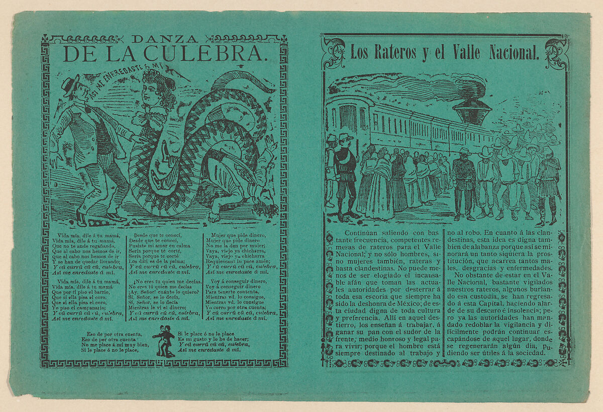 Front and back covers of a phamplet relating to a story 'The thieves and the National Valley' with illustration of indigenous men and women being herded by men in military uniforms towards a train, on the verso 'Dance of the Snake' and a corrido, José Guadalupe Posada (Mexican, Aguascalientes 1852–1913 Mexico City), Zincograph and letterpress on green paper 