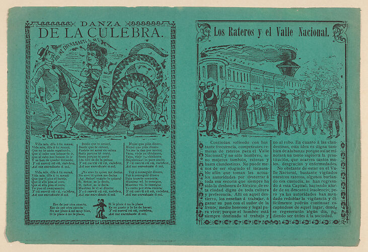 Front and back covers of a phamplet relating to a story 'The thieves and the National Valley' with illustration of indigenous men and women being herded by men in military uniforms towards a train, on the verso 'Dance of the Snake' and a corrido