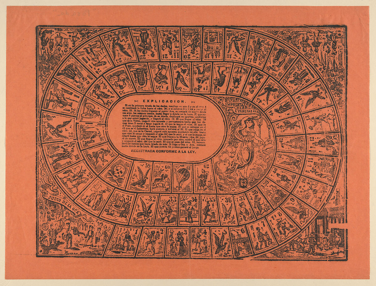 Game of the Goose, with the rules printed in the center, José Guadalupe Posada (Mexican, Aguascalientes 1852–1913 Mexico City), Zincograph and letterpress on orange paper 