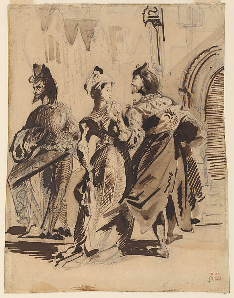 Faust, Marguerite, and Mephistopheles in the Street (Study for "Faust," plate 8), Eugène Delacroix (French, Charenton-Saint-Maurice 1798–1863 Paris), Pen, pencil, and brown wash on wove paper 