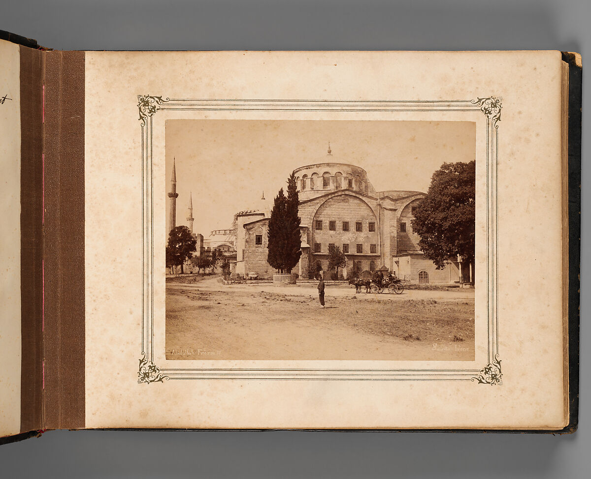 Album of Photographs of Views of the Interior of the Ottoman Military Museum in the Former Church of St. Irene, Constantinople (Vues de Sainte Irène, Constantinople), Abdullah Frères (Ottoman, 1858–1899), Albumen prints, paper, leather, textile, gold, Turkish
