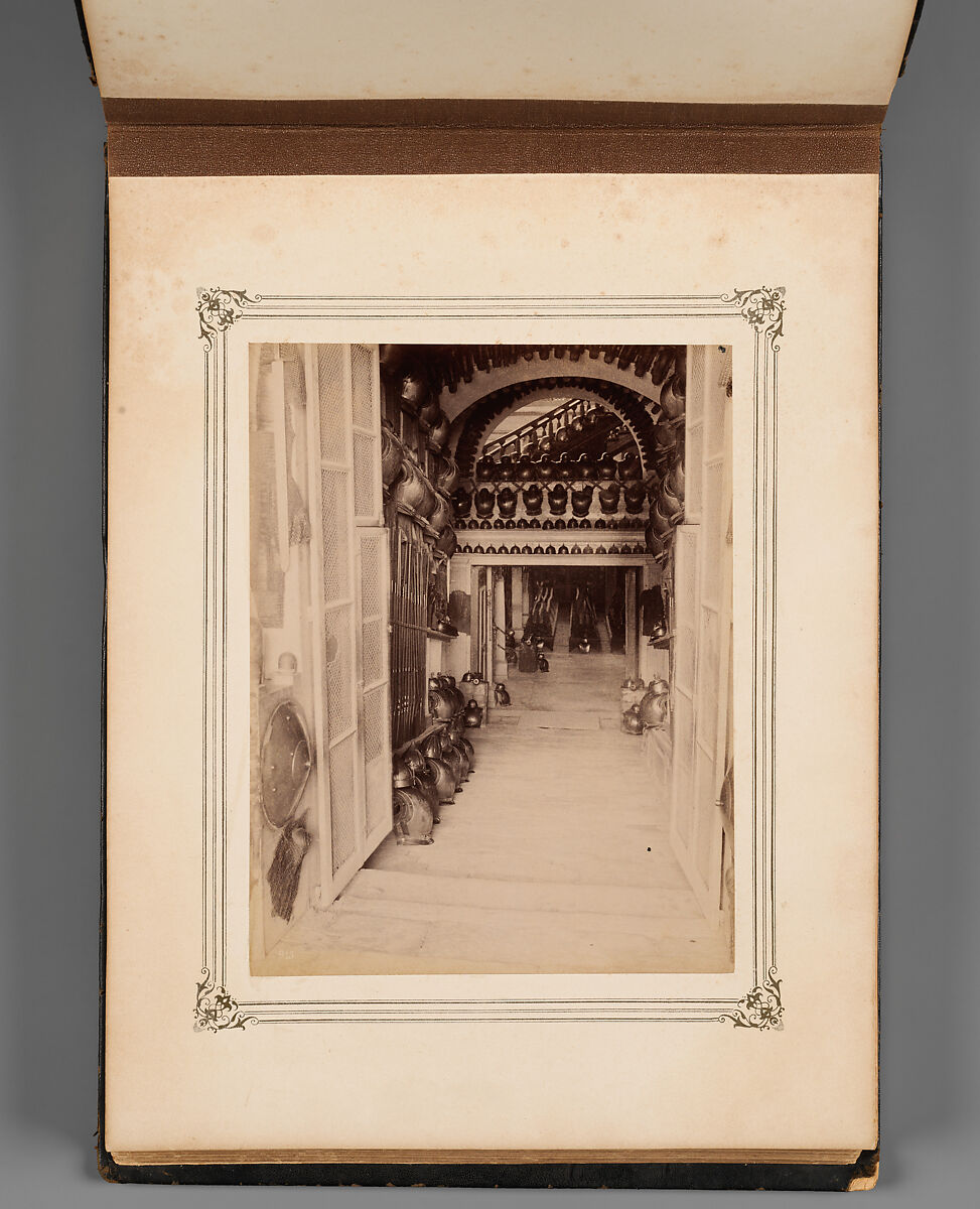 Album of Photographs of Views of the Interior of the Ottoman Military Museum in the Former Church of St. Irene, Constantinople (Vues de Sainte Irène, Constantinople), Abdullah Frères (Ottoman, 1858–1899), Albumen prints, paper, leather, textile, gold, Turkish