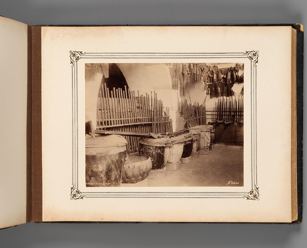Album of Photographs of Views of the Interior of the Ottoman Military Museum in the Former Church of St. Irene, Constantinople (Vues de Sainte Irène, Constantinople), Abdullah Frères (Ottoman, 1858–1899), Albumen prints, paper, leather, textile, gold, Turkish