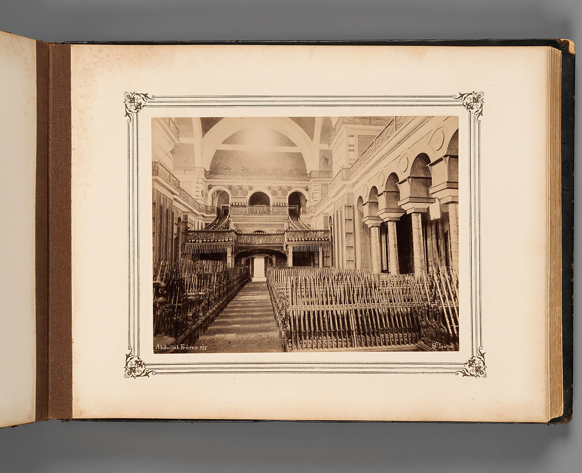 Album of Photographs of Views of the Interior of the Ottoman Military Museum in the Former Church of St. Irene, Constantinople (Vues de Sainte Irène, Constantinople), Abdullah Frères (Ottoman, 1858–1899), Albumen prints, paper, leather, textile, gold, Turkish