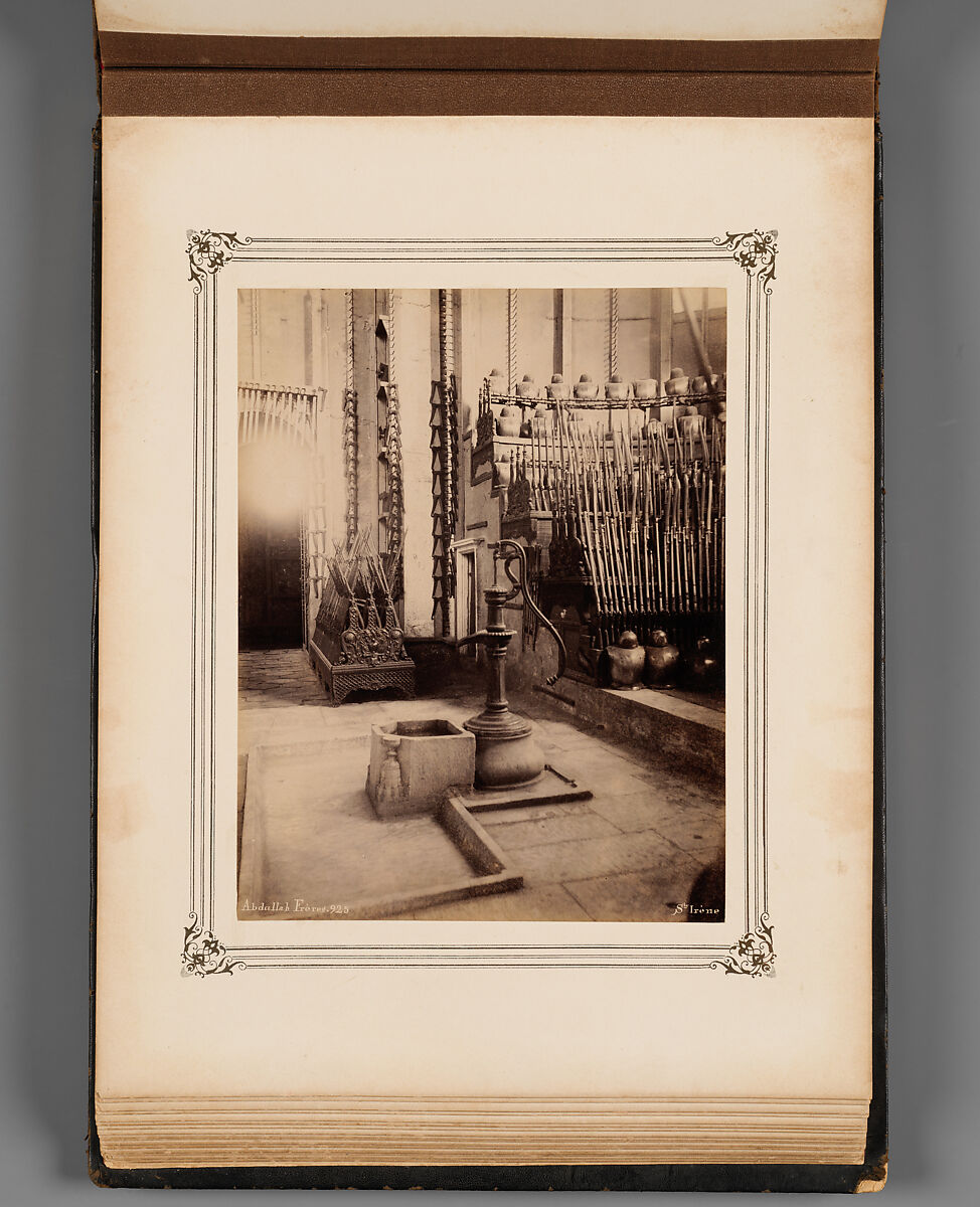 Album of Photographs of Views of the Interior of the Ottoman Military Museum in the Former Church of St. Irene, Constantinople (Vues de Sainte Irène, Constantinople), Abdullah Frères (Ottoman, 1858–1899), Albumen prints, paper, leather, textile, gold, Turkish