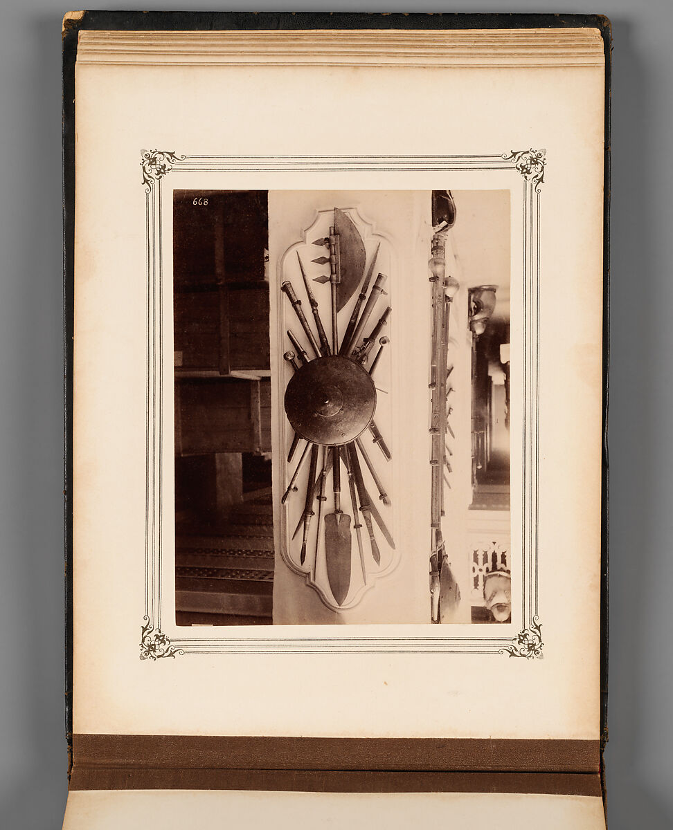 Album of Photographs of Views of the Interior of the Ottoman Military Museum in the Former Church of St. Irene, Constantinople (Vues de Sainte Irène, Constantinople), Abdullah Frères (Ottoman, 1858–1899), Albumen prints, paper, leather, textile, gold, Turkish