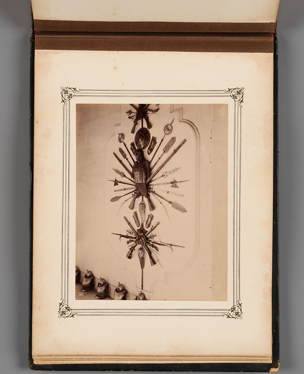 Album of Photographs of Views of the Interior of the Ottoman Military Museum in the Former Church of St. Irene, Constantinople (Vues de Sainte Irène, Constantinople), Abdullah Frères (Ottoman, 1858–1899), Albumen prints, paper, leather, textile, gold, Turkish
