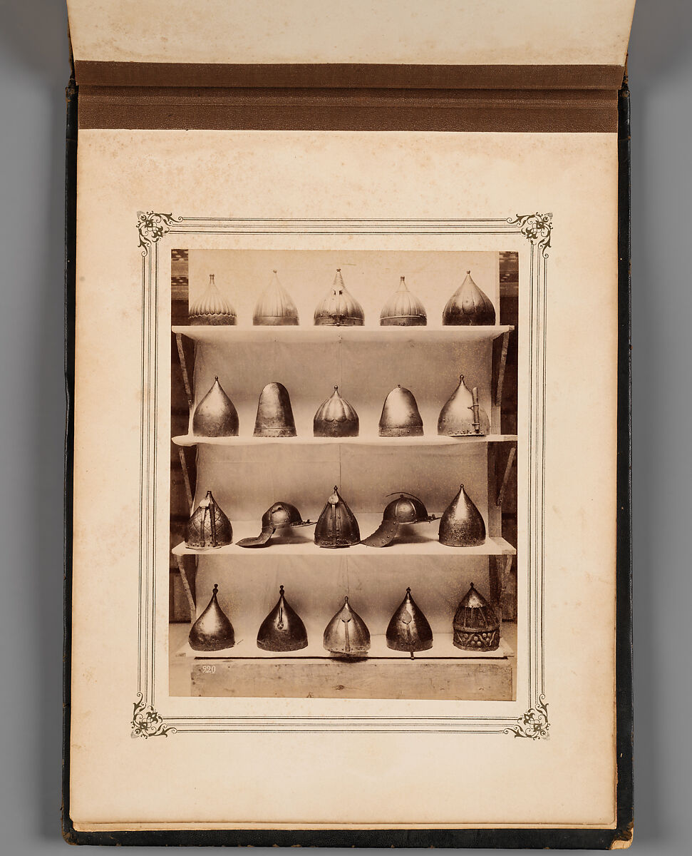 Album of Photographs of Views of the Interior of the Ottoman Military Museum in the Former Church of St. Irene, Constantinople (Vues de Sainte Irène, Constantinople), Abdullah Frères (Ottoman, 1858–1899), Albumen prints, paper, leather, textile, gold, Turkish