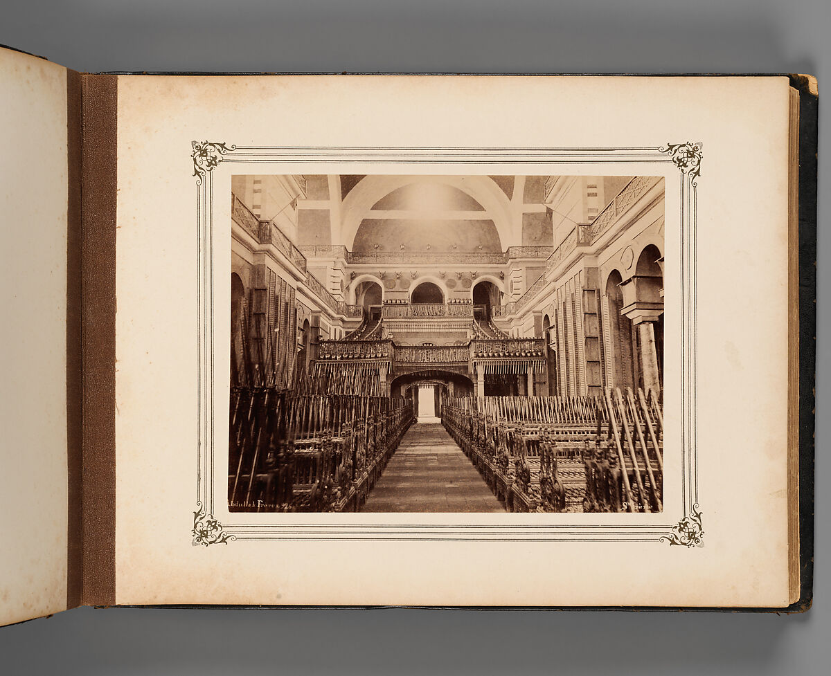 Album of Photographs of Views of the Interior of the Ottoman Military Museum in the Former Church of St. Irene, Constantinople (Vues de Sainte Irène, Constantinople), Abdullah Frères (Ottoman, 1858–1899), Albumen prints, paper, leather, textile, gold, Turkish