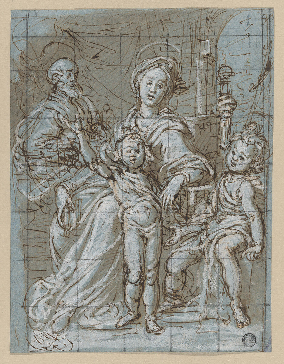 Holy Family with the Infant St. John the Baptist (recto); large-scale cropped sketches of draperies and legs (verso), Gregorio Pagani (Italian, Florence 1558–1605), Pen and brown ink, brush and brown wash, highlighted with white gouache, over black chalk on blue paper (recto); black chalk (verso); squared in black chalk 