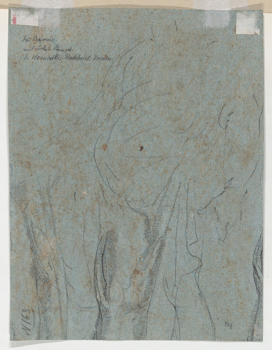 Holy Family with the Infant St. John the Baptist (recto); large-scale cropped sketches of draperies and legs (verso), Gregorio Pagani (Italian, Florence 1558–1605), Pen and brown ink, brush and brown wash, highlighted with white gouache, over black chalk on blue paper (recto); black chalk (verso); squared in black chalk