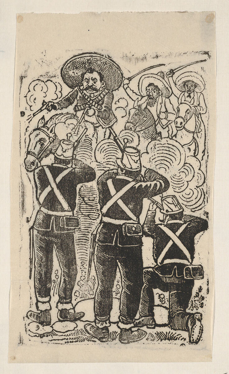 A gun fight between those supporting the Agrarian cause and the military during the Mexican Revolution, José Guadalupe Posada (Mexican, Aguascalientes 1852–1913 Mexico City), Zincograph 