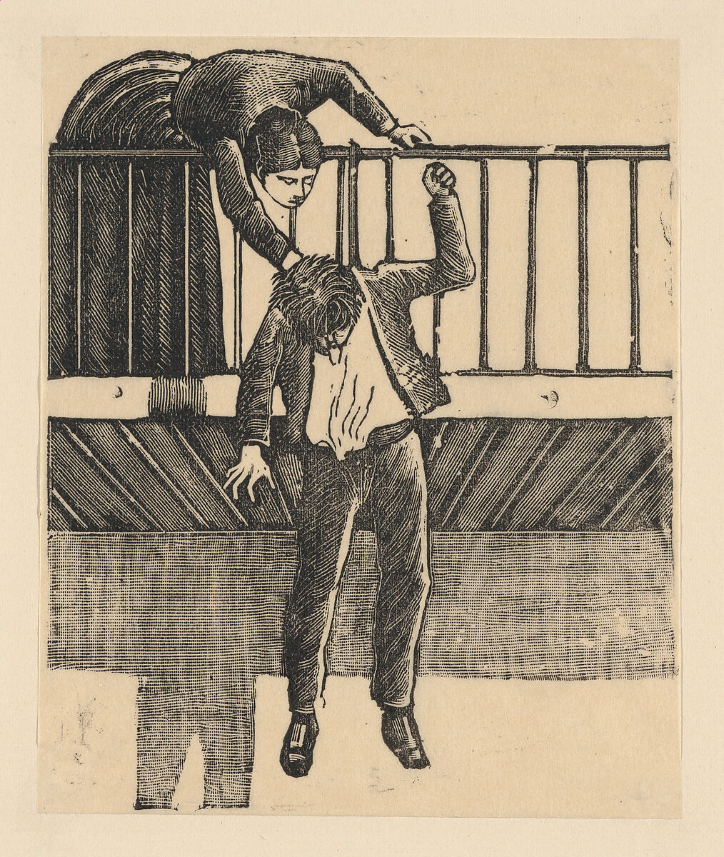 A woman discovering a man who has committed suicide by hanging himself from a balcony, José Guadalupe Posada (Mexican, Aguascalientes 1852–1913 Mexico City), Type-metal engraving 