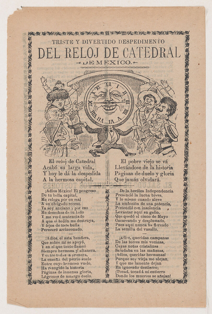 Broadsheet relating to the new clock installed in the cathedral in Mexico City in June 1905, José Guadalupe Posada (Mexican, Aguascalientes 1852–1913 Mexico City), Zincograph and letterpress on tan paper 