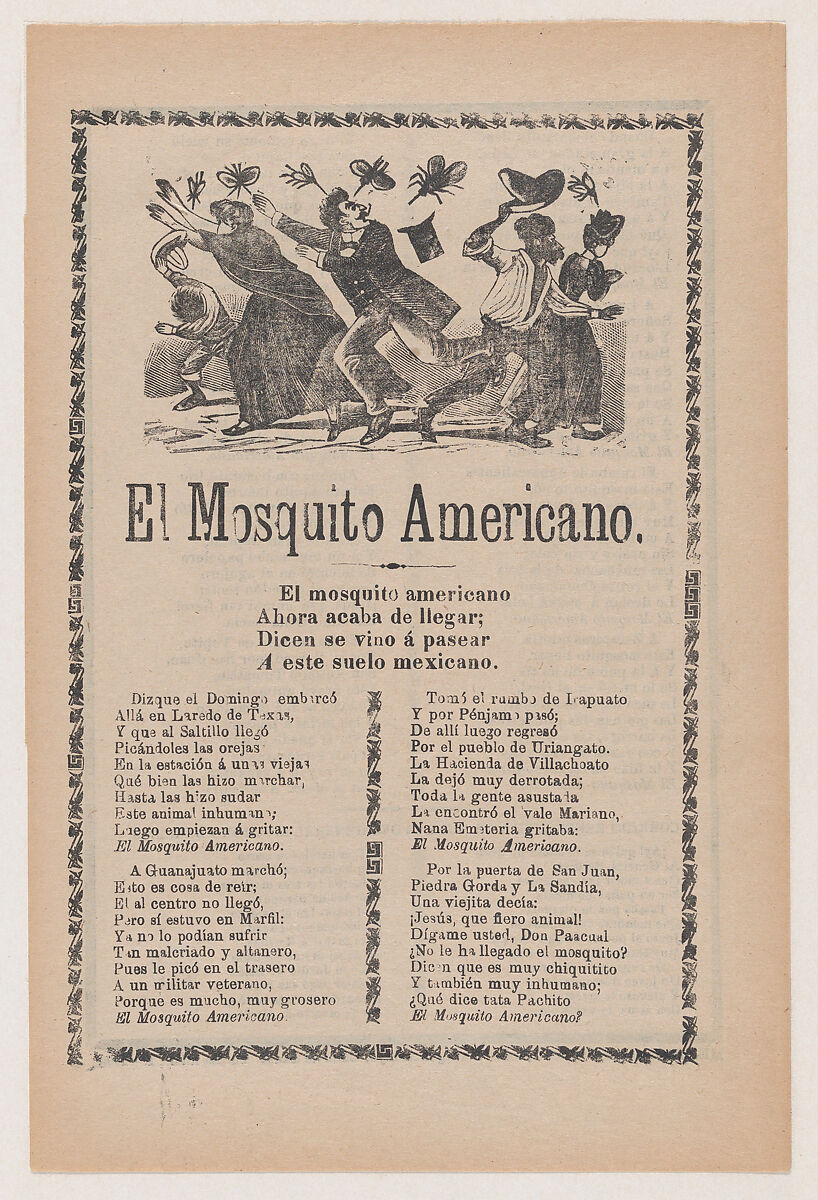 Broadsheet relating to the American Mosquito with verse critical of U.S. imperialism, José Guadalupe Posada (Mexican, Aguascalientes 1852–1913 Mexico City), Type-metal engraving and letterpress on tan paper 