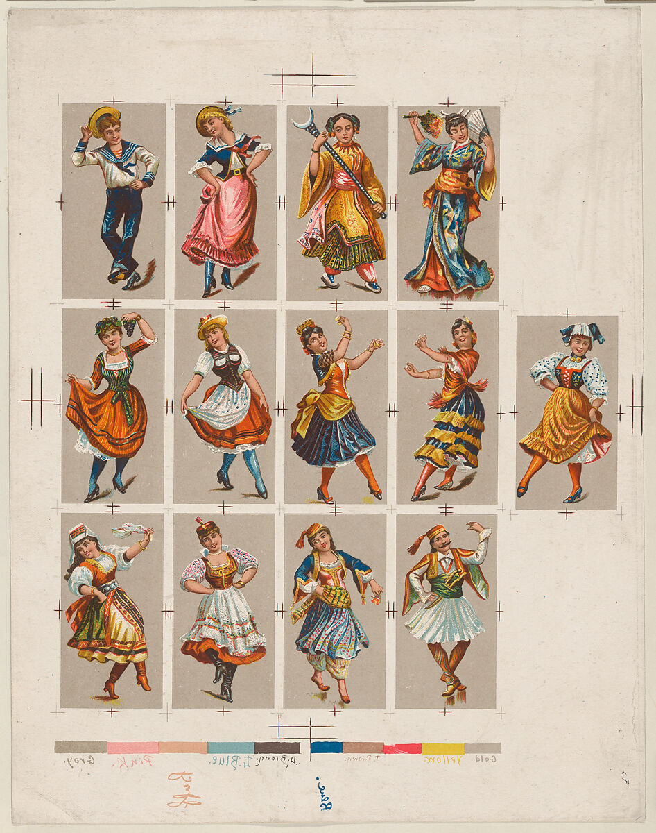 Printing proof of cards, from National Dances (N225, Type 2) issued by Kinney Bros., Issued by Kinney Brothers Tobacco Company, Commercial color lithograph 