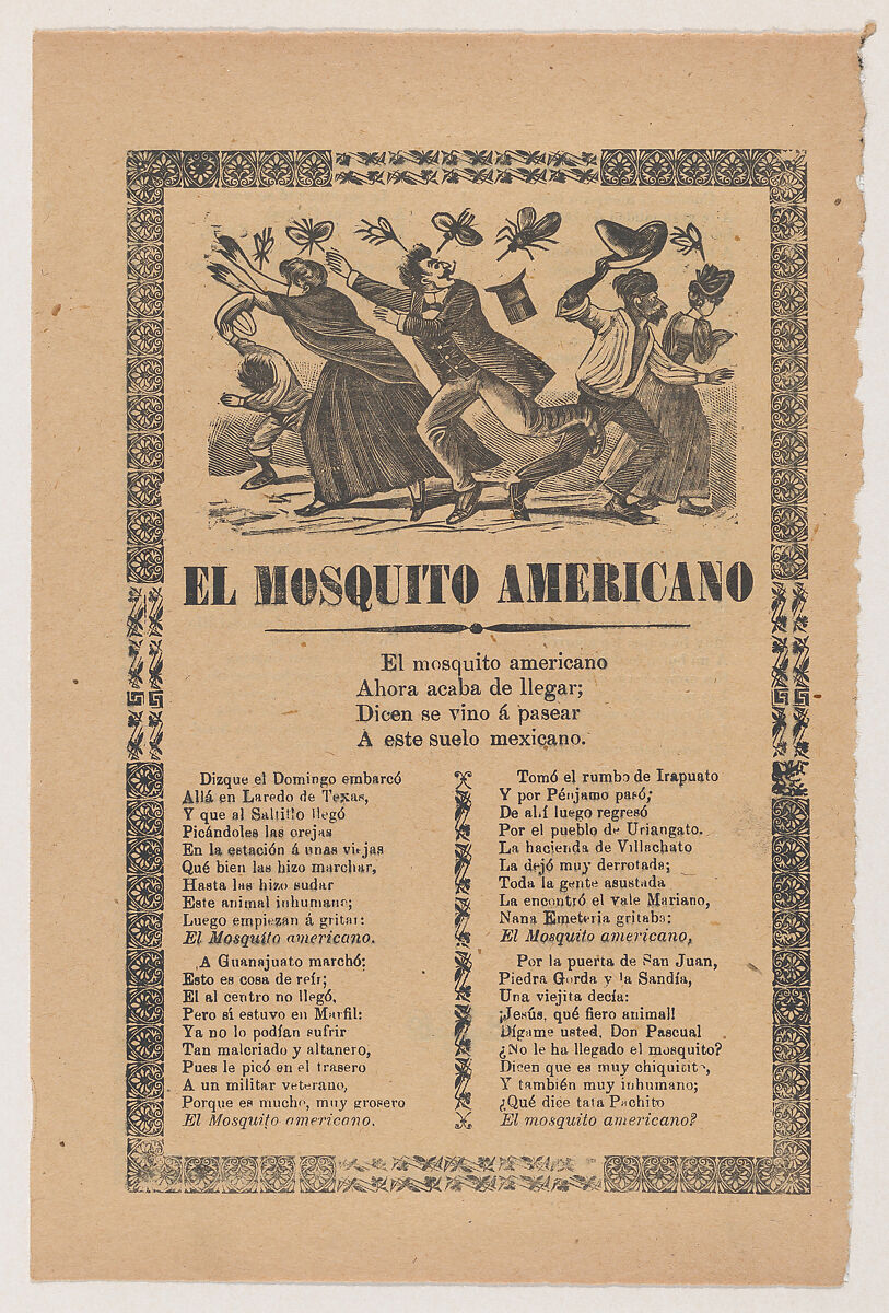 Broadsheet relating to the American Mosquito with verse critical of American imperialism, José Guadalupe Posada (Mexican, Aguascalientes 1852–1913 Mexico City), Type-metal engraving and letterpress on tan paper 