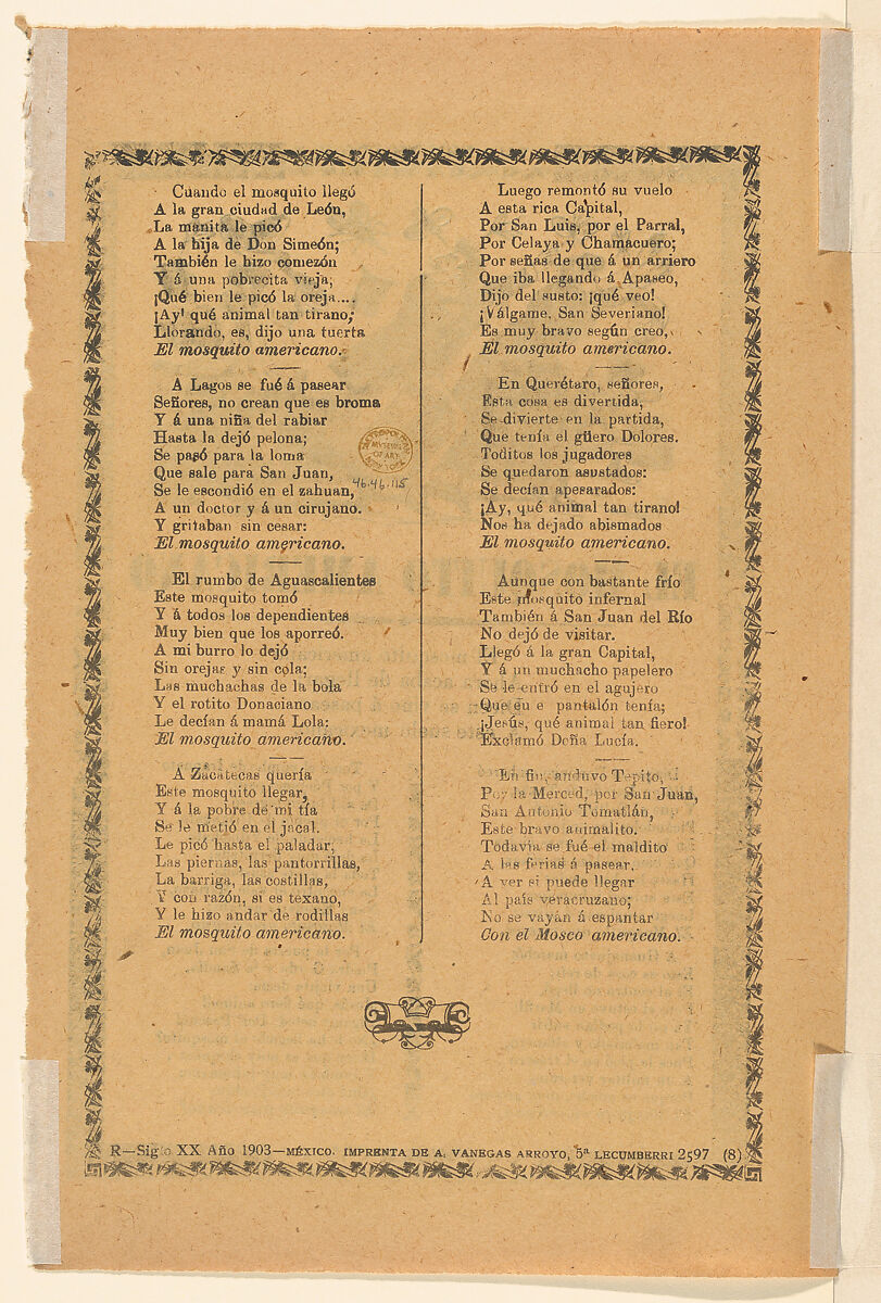 Broadsheet relating to the American Mosquito, José Guadalupe Posada (Mexican, Aguascalientes 1852–1913 Mexico City), Type-metal engraving and letterpress on tan paper