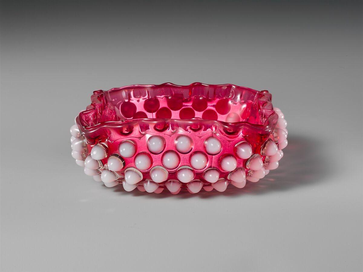 Hobnail Sauce Dish, Probably Hobbs, Brockunier and Company (1863–1891), Pressed cranberry and opaque white glass, American 