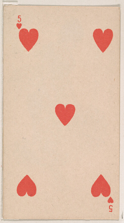 Five of Hearts, from the Transparent Playing Cards series (N220) issued by Kinney Bros., Issued by Kinney Brothers Tobacco Company, Commercial color lithograph 