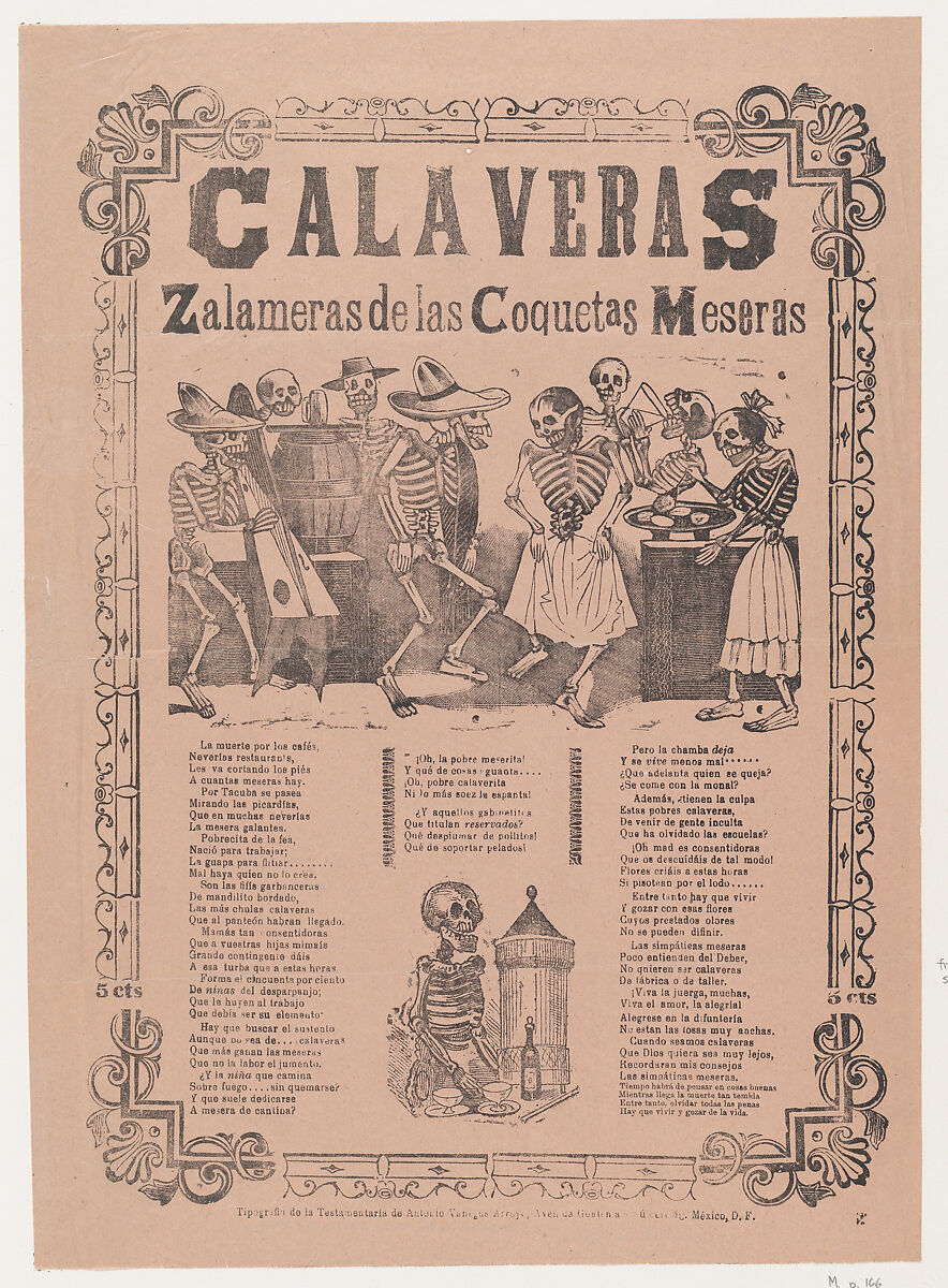 Skeletons (calaveras) dancing and drinking, relating to the coquettish waitress, corrido in bottom section, José Guadalupe Posada (Mexican, Aguascalientes 1852–1913 Mexico City), Type-metal engraving, zincograph and letterpress on tan paper 