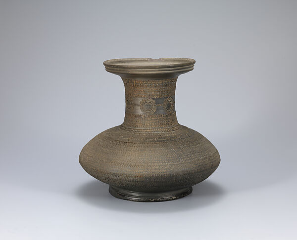 Long-necked jar with geometric decoration, Stoneware with stamped design and incidental ash glaze, Korea 