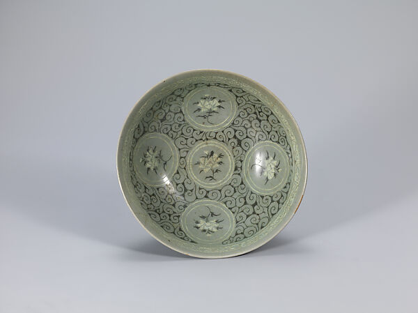 Bowl decorated with peonies, Stoneware with inlaid and reverse-inlaid design under celadon glaze, Korea 