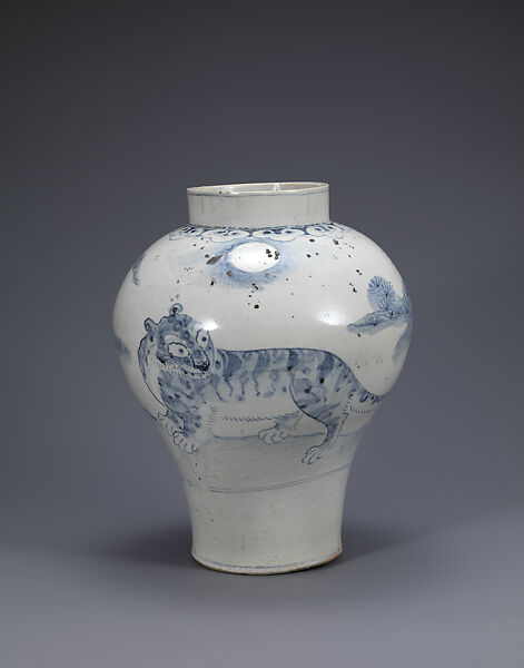 Jar decorated with tiger and pine tree, Porcelain with underglaze cobalt blue design, Korea
