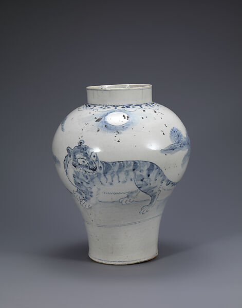 Jar decorated with tiger and pine tree, Porcelain with underglaze cobalt blue design, Korea 