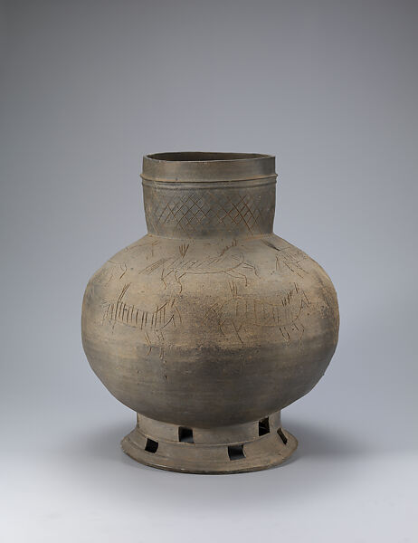 Long-necked jar with horse decoration, Stoneware with incised design and incidental ash glaze, Korea 