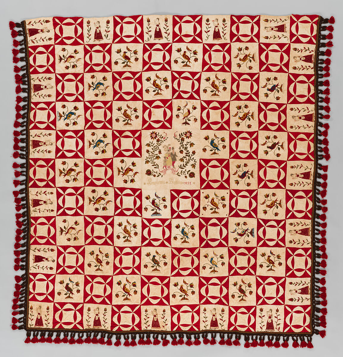 Pictorial Quilt, Euphemia Kichlein (American, Bucks County, Pennsylvania 1818–1885), Cotton, wool and silk, American 