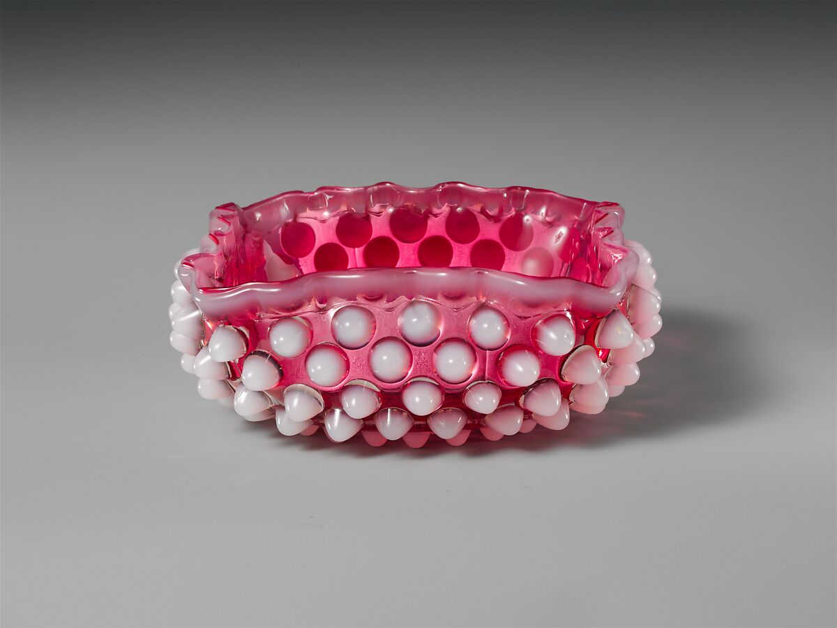 Hobnail Sauce Dish, Probably Hobbs, Brockunier and Company (1863–1891), Pressed cranberry and opaque white glass, American 
