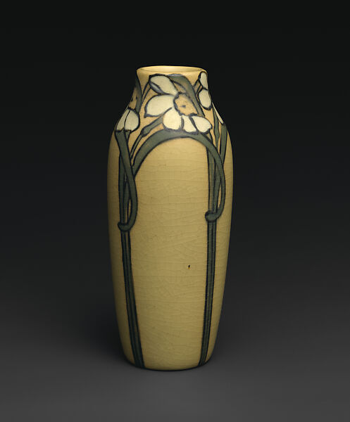 Vase with narcissus, Decorated by Anna Marie Valentien (American, 1862–1947), Earthenware, American 
