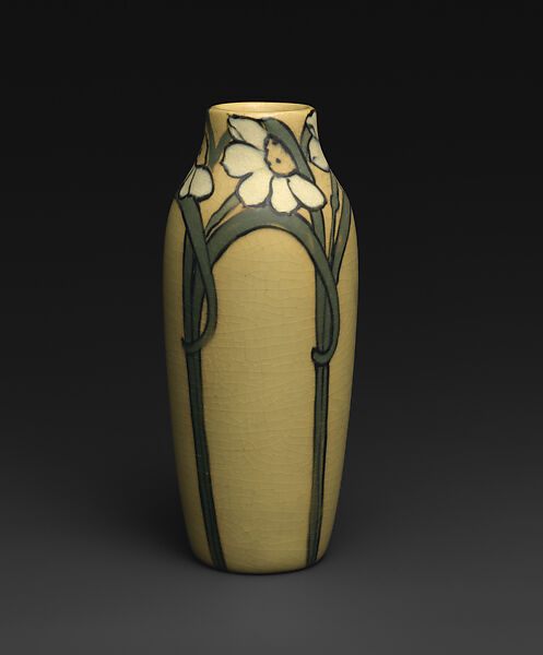 Vase with narcissus, Decorated by Anna Marie Valentien (American, 1862–1947), Earthenware, American