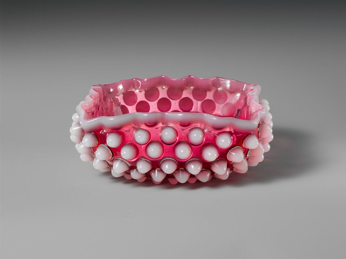 Hobnail Sauce Dish, Probably Hobbs, Brockunier and Company (1863–1891), Pressed cranberry and opaque white glass, American 