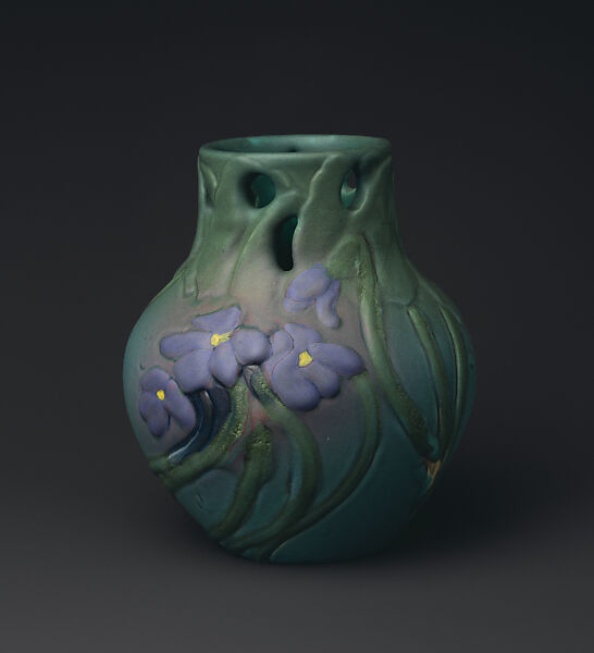Vase with violets, Decorated by John D. Wareham (1871–1954), Earthenware, American 