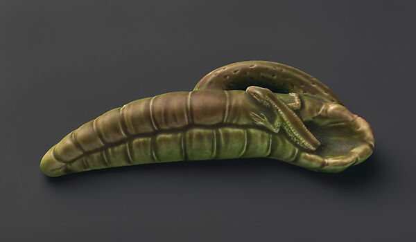 Paperweight with lizard and lotus leaf, Decorated by Kataro Shirayamadani (American (born Japan), Tokyo 1865–1948 Cleveland, Ohio), Earthenware, American