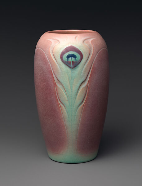 Vase with peacock feathers, Designed by Sara Sax (1870–1949), Earthenware, American