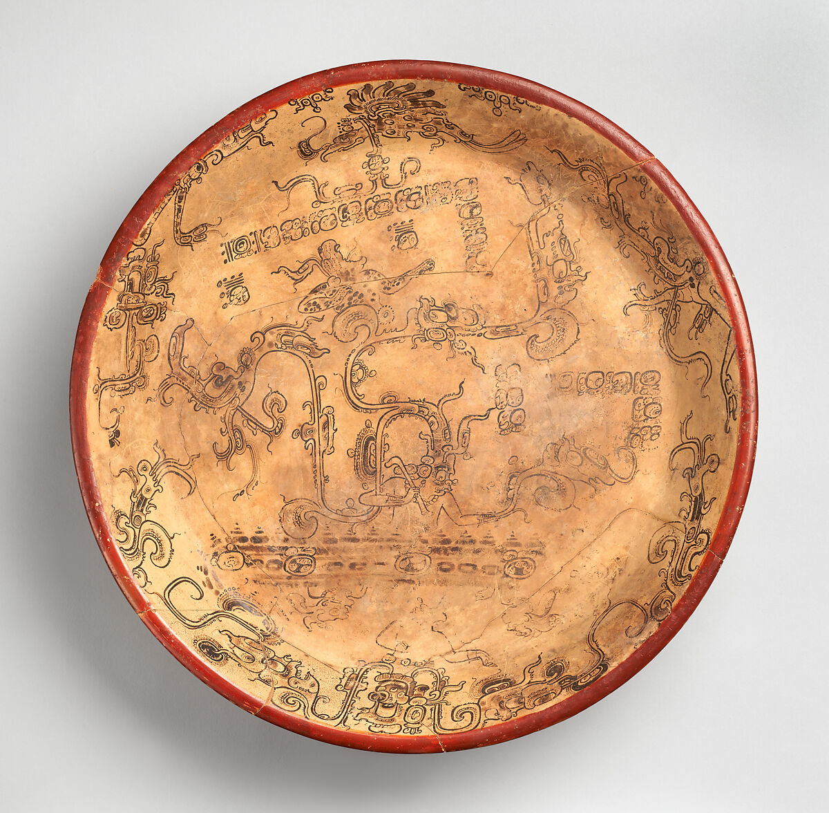Tripod plate with mythological scene, Ceramic with red, cream, and black slip, Maya 