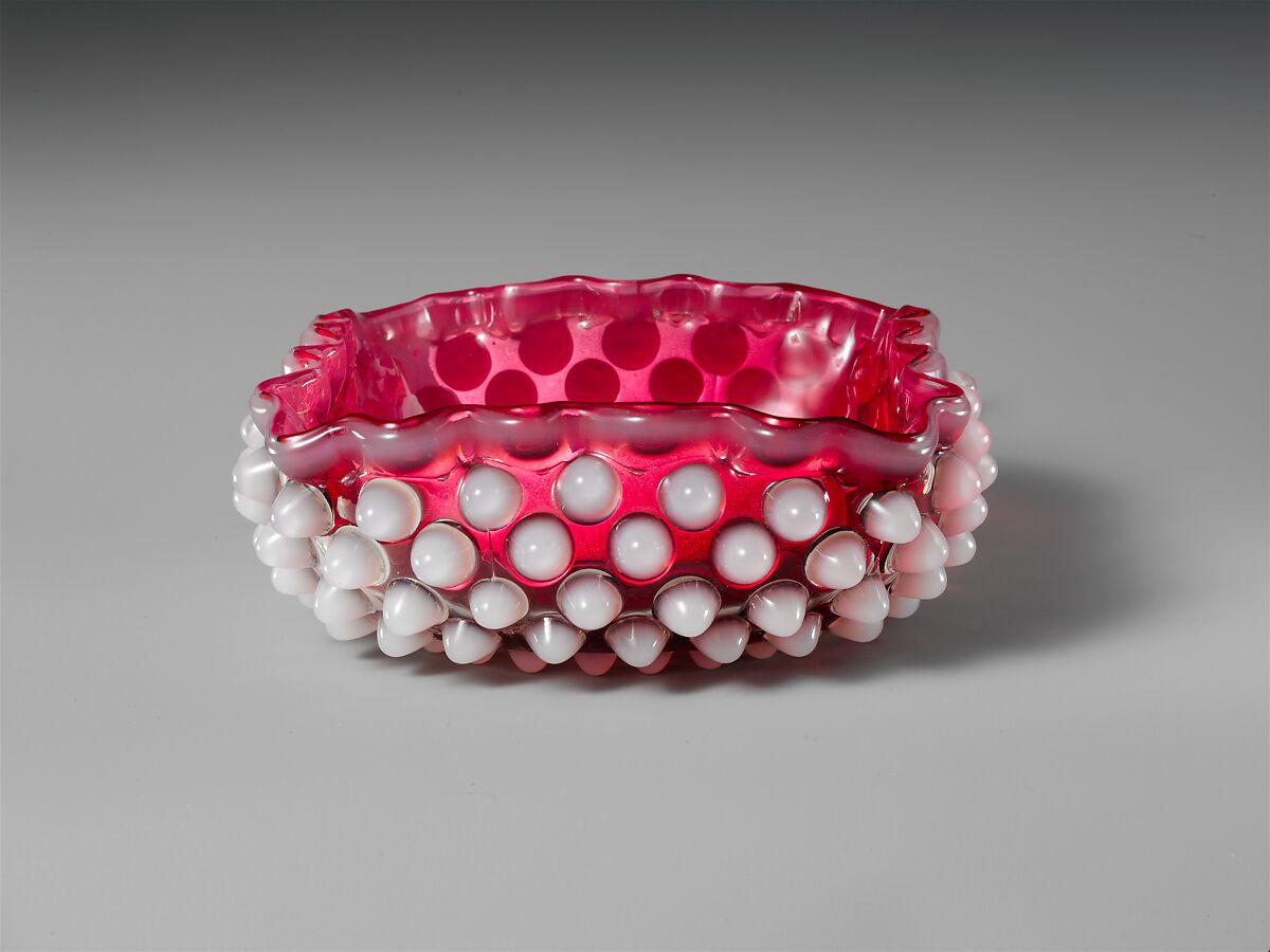 Hobnail Sauce Dish, Probably Hobbs, Brockunier and Company (1863–1891), Pressed cranberry with opaque white glass, American 